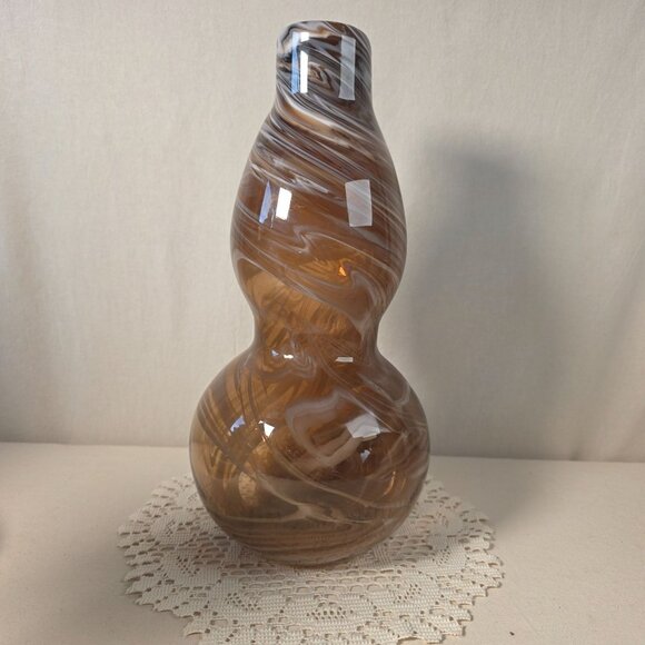 None Other - Vintage Hand Blown Glass Vase Double Gourd Shape 14" Swirled Brown & White Patte